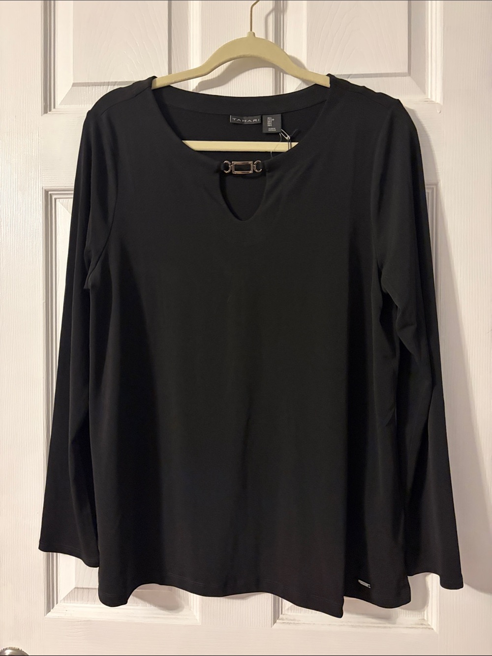 Tahari Black Long Sleeve Top with Front Hardware Keyhole